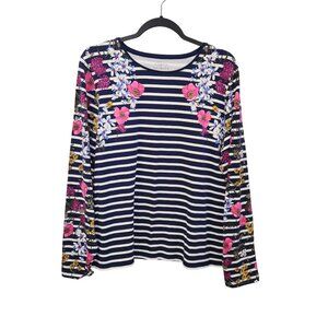 Talbots Womens Floral Striped Long Sleeve Tee XL Cotton Spandex Blue Pink 3736